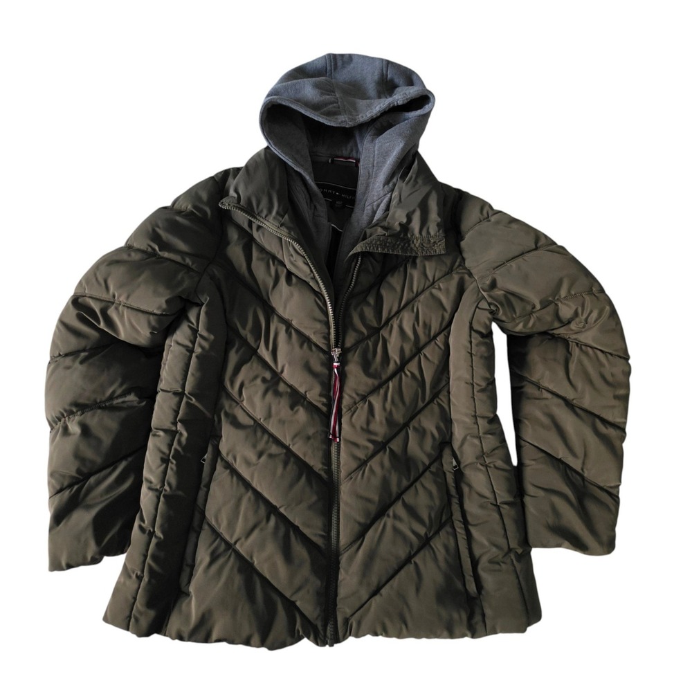 Tommy Hilfiger Womens Puffer Jacket Olive Green Chevron Quilted Hooded Hoodie